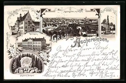 Lithographie Aschersleben, Ortsansicht von Westen, Gymnasium, Rathaus