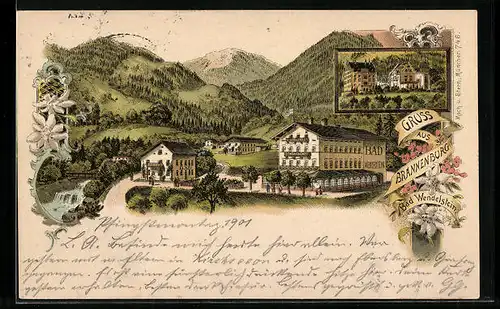 Lithographie Brannenburg, Bad Wendelstein, Ortsansicht mit Umgebung