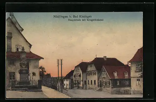 AK Nüdlingen bei Bad Kissingen, Hauptstrasse mit Kriegerdenkmal