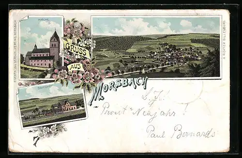 Lithographie Morsbach, Gesamtansicht, Bahnhof, Kirche