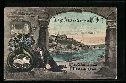 AK Würzburg, Festung Südseite, Betrunkener Mann, Passepartout