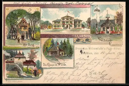 Lithographie Mehlem, Park-Hotel Millowitsch, Gasthaus Waldschenke, Die Klause im Walde