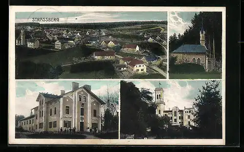 AK Strassberg, Gasthaus Reichsadler, Kirche, Gebäudeansicht