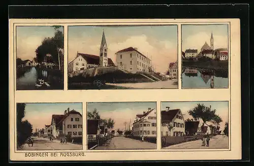 AK Bobingen bei Augsburg, Strassenpartie mit Kirche