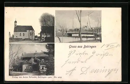 AK Bobingen, Ortspartie mit Brücke, Kirche