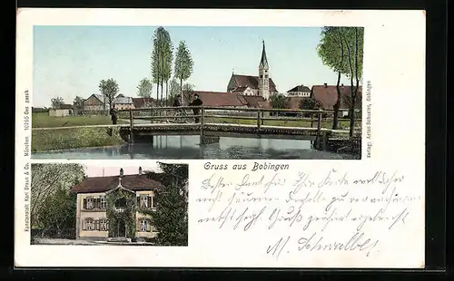 AK Bobingen, Ortspartie mit Brücke und Fluss