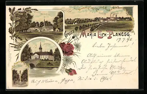 Lithographie Planegg, Maria Eich, Schloss, Marien-Säule