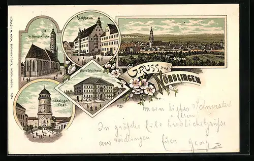 Lithographie Nördlingen, Rathhaus, Löbsinger-Thor, St. Georgskirche