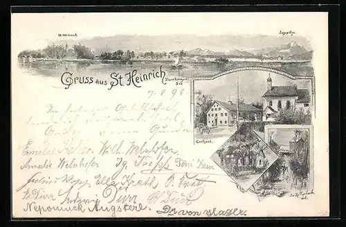 Lithographie St. Heinrich, Gasthaus, Zugspitze