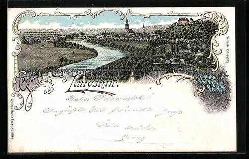 Lithographie Landshut, Ortspartie mit Fluss