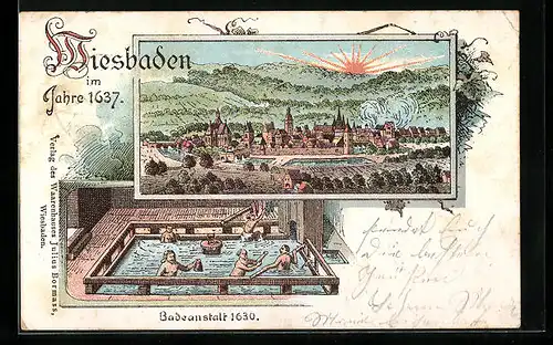 Lithographie Wiesbaden, Badeanstalt 1630, Ortsansicht