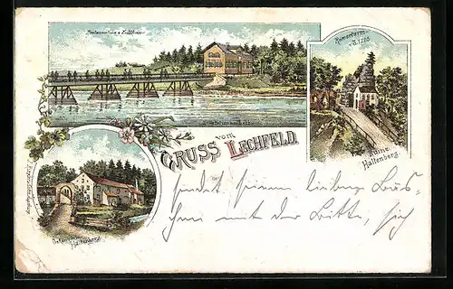 Lithographie Lechfeld, Restaurant zum Zollhaus, Römerturm, Ruine Haltenberg, Oekonomie Haltenberg