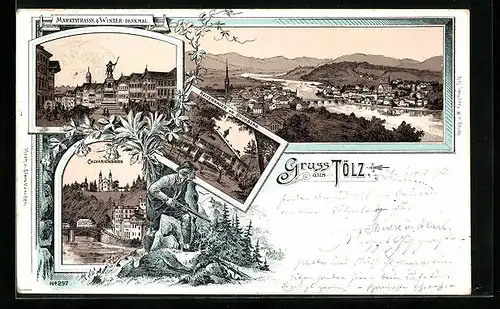 Lithographie Tölz, Marktstrasse & Winter-Denkmal, Totalansicht, Calvarienberg