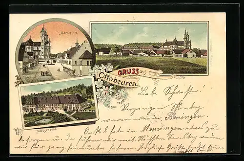 Lithographie Ottobeuren, Marktplatz, Amtsgebäude, Totalansicht