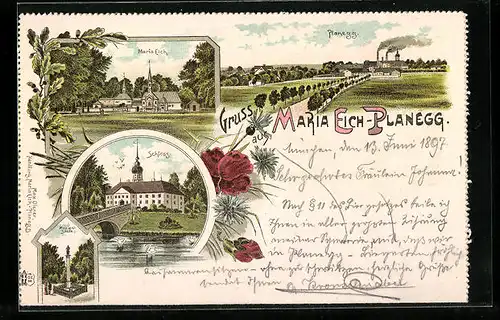 Lithographie Maria Eich-Planegg, Schloss, Totalansicht, Marien-Säule