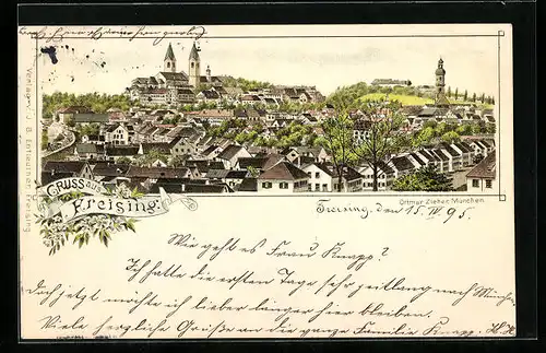 Vorläufer-Lithographie Freising, 1895, Totalansicht der Stadt