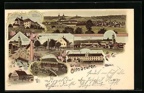 Lithographie Ottobeuren, Totalansicht, Brauerei Geiger, Kriegerdenkmal, Institut Klosterwald, Amtsgebäude