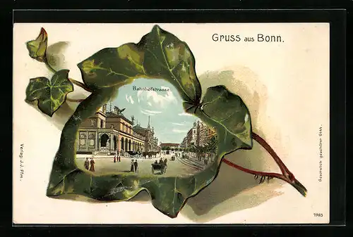 Passepartout-Lithographie Bonn am Rhein, Partie in der Bahnhofstrasse, Efeublatt