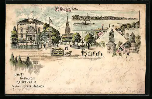 Lithographie Bonn am Rhein, Hotel Restaurant Kaiserhalle, Gesamtansicht, Bethoven-Denkmal