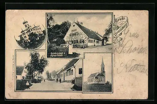 AK Strassberg, Gasthaus J. Zerrle, Kirche, Strassenpartie