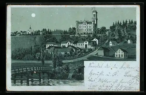 Mondschein-Lithographie Strassberg, Totalansicht der Gemeinde mit Schloss