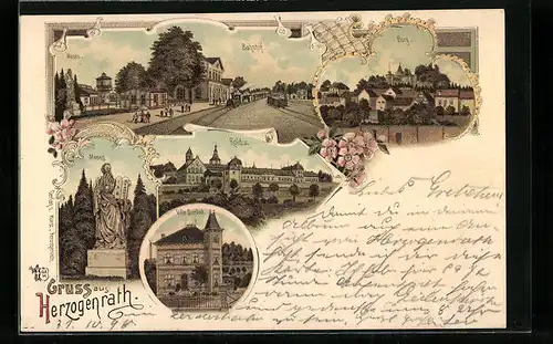 Lithographie Herzogenrath, Villa Dunkel, Bahnhof, Moses, Burg