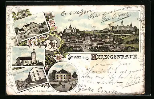 Lithographie Herzogenrath, Bahnhof, Kleick-Strasse, Panorama