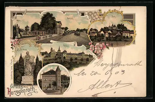 Lithographie Herzogenrath, Bahnhof, Rolduc, Villa Bicheroux