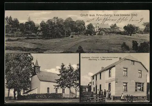 AK Kreuzberg /Kreis Schleiden /Eifel, Gasthaus & Kolonialwarenhandlung von Josef Jansen, Kirche, Ortspartie