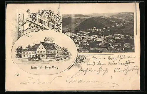 AK Blumenthal /Eifel, Gasthof Ww. Peter Metz, Ortsansicht aus der Vogelschau