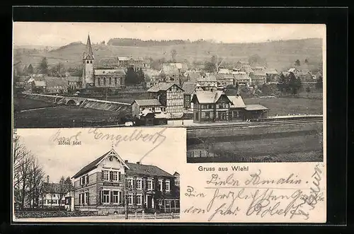 AK Wiehl, Hotel Idel, Ortsansicht mit Bahnhof