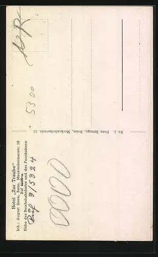 AK Bonn, Hotel Traube in der Meckenheimerstrasse 18, Stadtplan