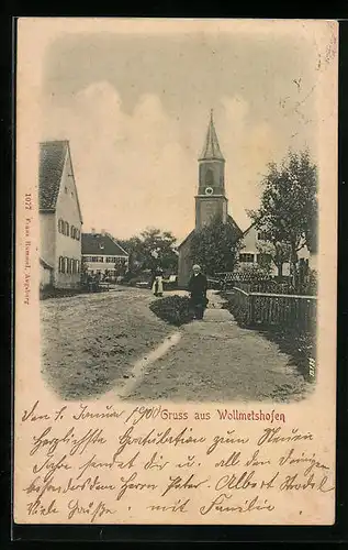 AK Wollmetshofen, Strassenpartie mit Kirchblick