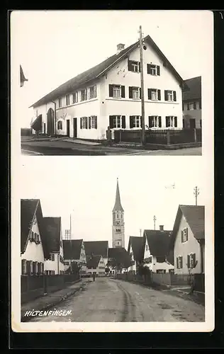 AK Hiltenfingen, Strassenpartie mit Blick zur Kirche, Gebäudeansicht