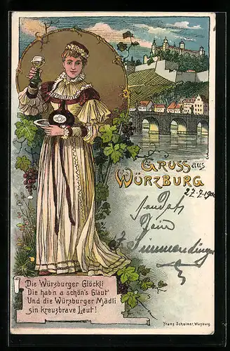 Lithographie Würzburg, Würzburger Mädchen mit Weinglas, Panorama mit Residenzschloss