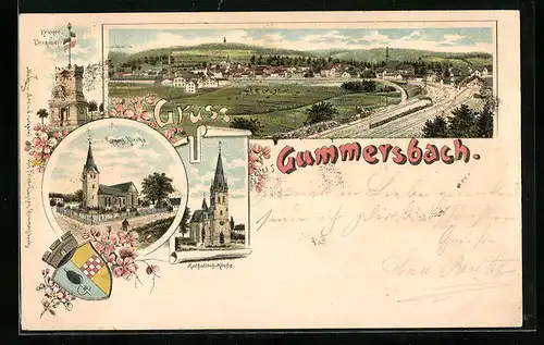 Lithographie Gummersbach, Evang. Kirche, Kriegerdenkmal, Panorama