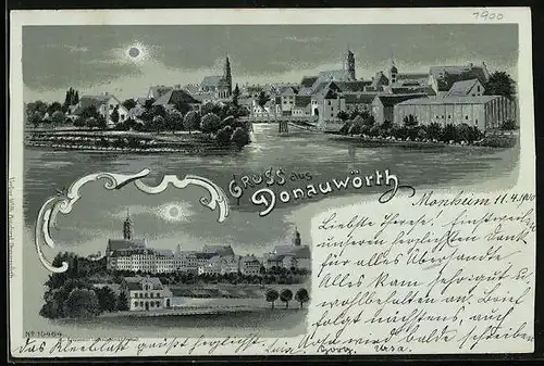 Mondschein-Lithographie Donauwörth, Zusammenfluss von Donau und Wörnitz