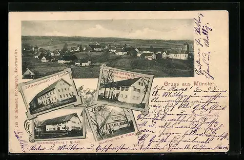 AK Münster /Mickhausen, Totalansicht, Gasthaus v. J. Lieblein, Wohnung d. Bürgermeisters, Handlung v. H. Stegmüller