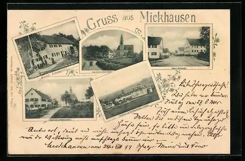 AK Mickhausen, Königl. Postagentur, Untere Ortsstrasse, Gräflich v. Rech`berg`sches Schloss