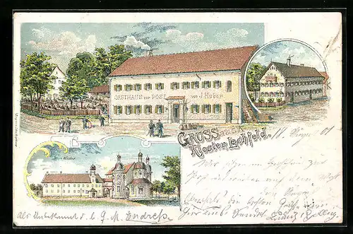 Lithographie Kloster Lechfeld, Gasthaus zur Post, Kloster