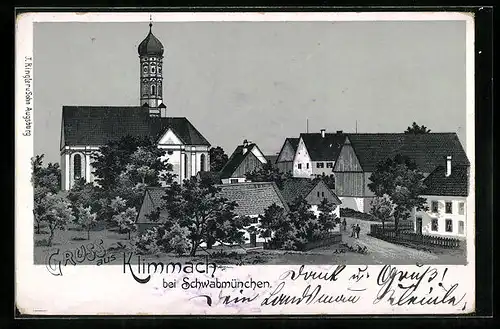 Lithographie Klimmach, Teilansicht der Gemeinde mit Kirche