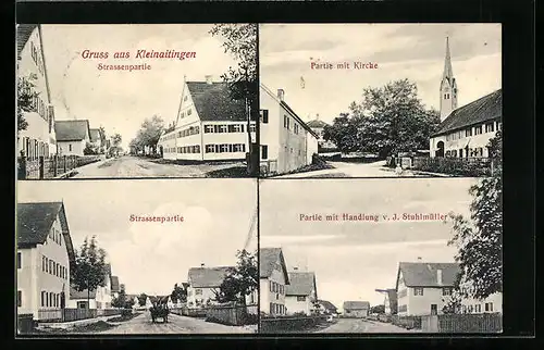 AK Kleinaitingen, Strassenpartie, Partie mit Kirche, Handlung J. Stuhlmüller