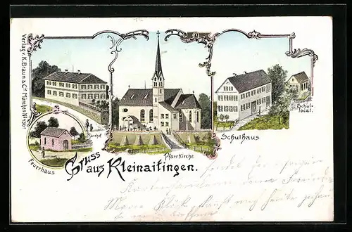 Lithographie Kleinaitingen, Feuerhaus, Pfarrkirche, Schulhaus