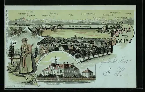 Lithographie Dachau, Blick vom Schlossberg, Krankenhaus, Alpenpanorama