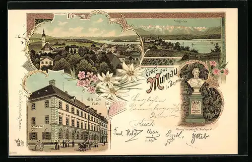 Lithographie Murnau /Obb., Hotel zur Post, Staffelsee, Teilansicht, König Ludwig II. Denkmal