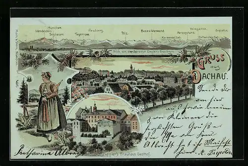 Lithographie Dachau, Blick von der Terrasse Ziegler`s Brauhaus, Alpenpanorama