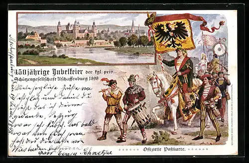 Lithographie Aschaffenburg, 450 jährige Jubefeier der kgl. priv. Schützengesellschaft 1898, Herold, Teilansicht