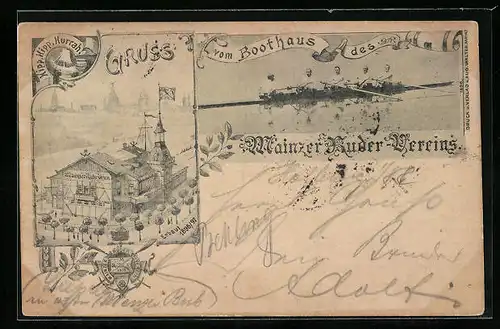 Lithographie Mainz, Bootshaus des Mainzer Ruder-Vereins