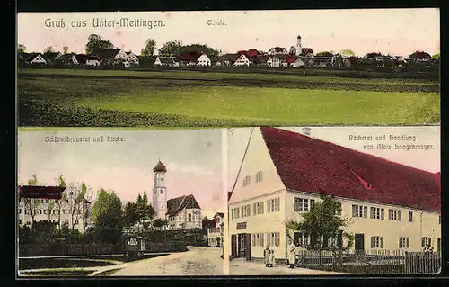 AK Unter-Meitingen, Schlossbrauerei und Kirche, Bäckerei und Handlung von Alois Langenmayer