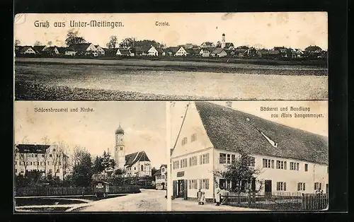 AK Unter-Meitingen, Schlossbrauerei und Kirche, Bäckerei und Handlung von Alois Langenmayer